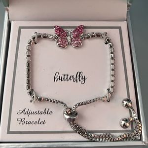 CZ Butterfly Bracelet * Silver Cubic Zirconia 9” Adjustable Chain fits 5” to 9”